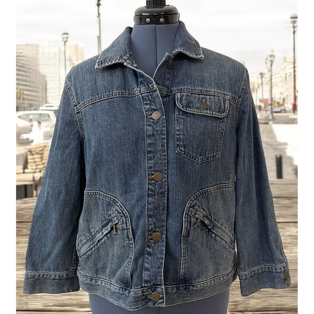 Lauren Jeans Co Womens Denim Button Up Crop Jacket Chore Barn Moto Chic Blue L